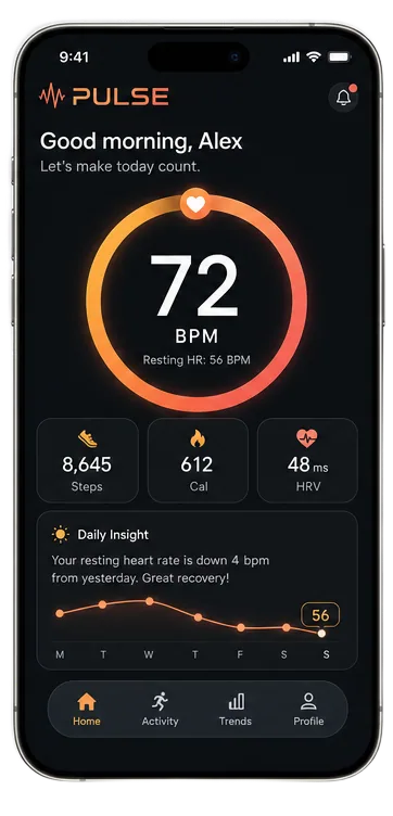 Pulse app dashboard with live health metrics on an iPhone